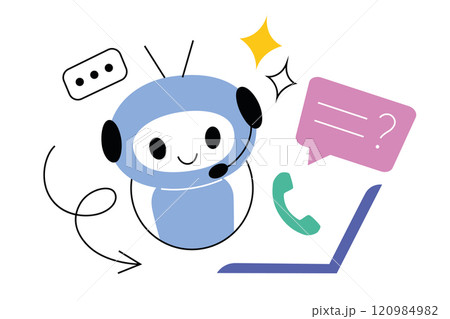 Vector illustration of a friendly chatbot assistant with headset and speech bubbles, AI powered customer support, artificial intelligence and virtual communication. Flat cartoon design for technology 120984982