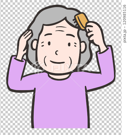 Elderly woman styling her hair with a comb 120985116