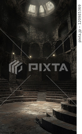 Epic ancient arena for battles, featuring dramatic lighting, stone architecture, and a cinematic gladiatorial atmosphere 120985369