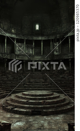 Epic ancient arena for battles, featuring dramatic lighting, stone architecture, and a cinematic gladiatorial atmosphere 120985370