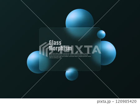 Glass morphism design with frosted glass partition and floating spheres on a dark background. Glass morphism design with frosted glass partition and floating spheres on a dark background. 120985420