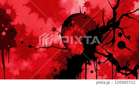 Collection of dramatic crime scene visuals with blood splatters, silhouettes, and eerie red tones for thriller or horror themes 120985512