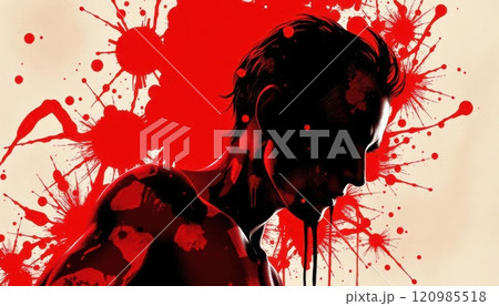 Collection of dramatic crime scene visuals with blood splatters, silhouettes, and eerie red tones for thriller or horror themes 120985518
