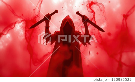 Collection of dramatic crime scene visuals with blood splatters, silhouettes, and eerie red tones for thriller or horror themes 120985523