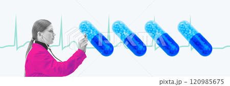 Contemporary art collage. Healthcare worker listens to giant blue capsules aligned with heartbeat graph, blending medical monitoring with surreal artistic touch. 120985675