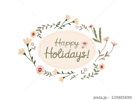 Greeting card decorated with floral patterns and inviting text on a light background 	 120985699