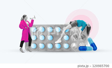 Contemporary art collage. Woman in vibrant coat holds megaphone, standing beside person sprawled on giant blister pack of pills, highlighting exhaustion or protest. 120985700