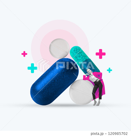 Contemporary art collage. Woman leans casually against enlarged pills, blending fashion and healthcare in quirky and surreal composition. 120985702