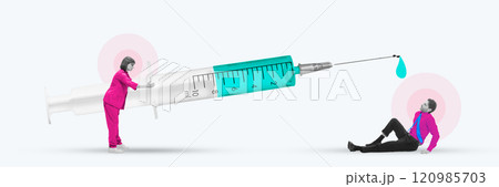 Contemporary art collage. Nurse pushes oversized syringe, with drop at tip aimed at reclining man, visualizing tension in medical intervention. 120985703