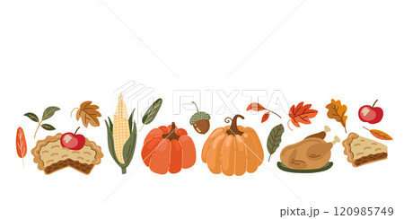 festive border autumn pattern with pumpkins, pies and leaves, flat style illustrations 120985749