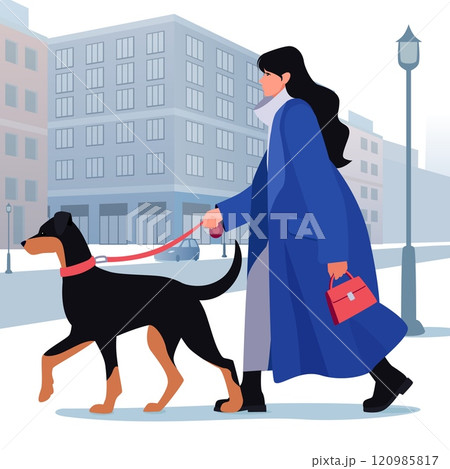 A clean and minimalist flat vector illustration of a stylish woman walking her dog. 120985817