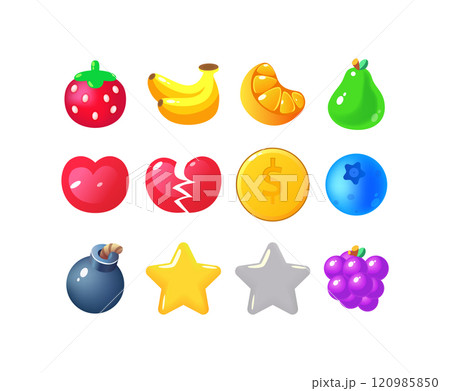 Game UI icons. Mobile application or game interface elements. Cartoon colorful design. Stickers or labels for user interface 120985850