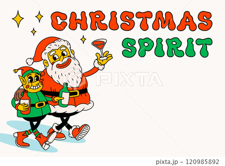 Drunk Santa Claus and elf with christmas spirit text. Groovy vintage funny Santa and elf characters celebrating holidays 120985892