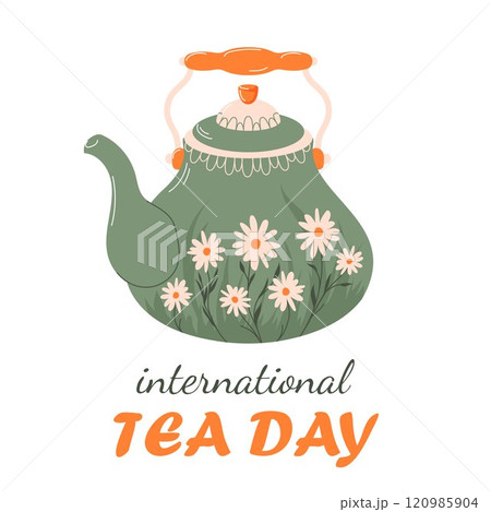 International tea day banner in flat style. Design for poster, card for social media, networks. Green teapot with daisy. 120985904