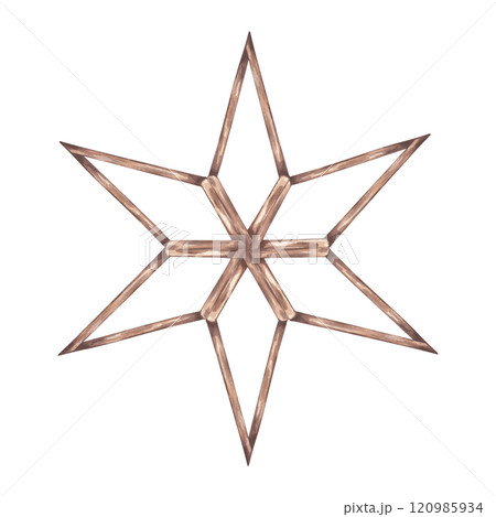 Wooden six-pointed star, home christmas rustic decoration. Painted aquarelle artwork. Scandinavian style accessory. Hand draw watercolor illustration isolated background. For holiday, new year, xmas. 120985934