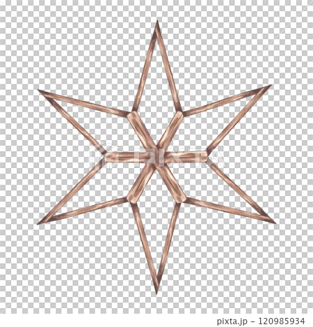 Wooden six-pointed star, home christmas rustic decoration. Painted aquarelle artwork. Scandinavian style accessory. Hand draw watercolor illustration isolated background. For holiday, new year, xmas. 120985934