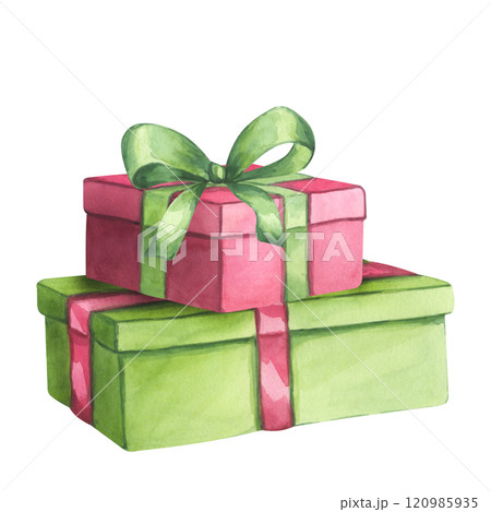 Red green gift boxes with ribbon and bow. Present for Christmas, New year, Birthday party. Hand drawn watercolor illustration isolated on white background. For postcard, invitation, congratulation 120985935