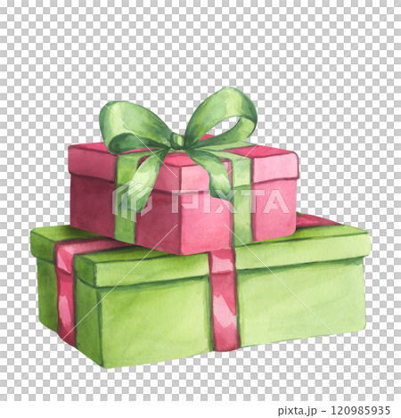 Red green gift boxes with ribbon and bow. Present for Christmas, New year, Birthday party. Hand drawn watercolor illustration isolated on white background. For postcard, invitation, congratulation 120985935