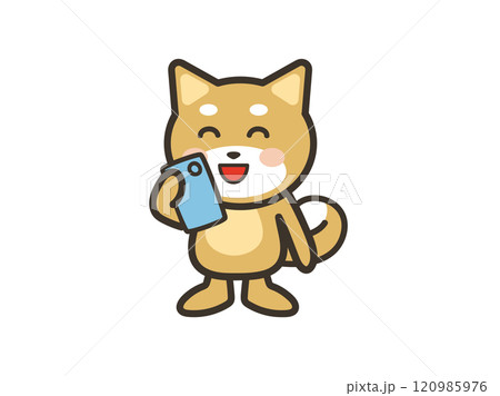 スマホを見て楽しそうなかわいい犬のイラスト スマホを見て楽しそうなかわいい犬のイラスト 120985976