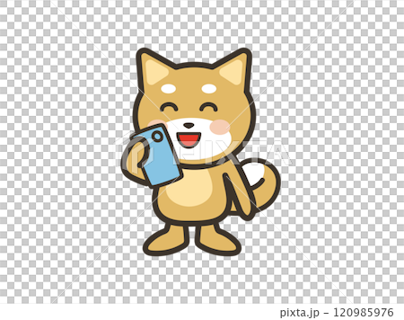 スマホを見て楽しそうなかわいい犬のイラスト スマホを見て楽しそうなかわいい犬のイラスト 120985976