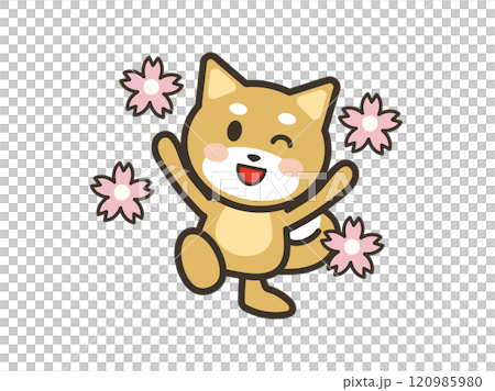 大喜びするかわいい犬と桜の花びらのイラスト 120985980