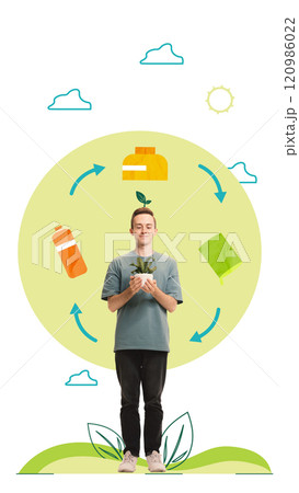 Young man interacting with globe, symbolizing harmony with nature and responsibility for sustainable living. Conceptual art collage. 120986022