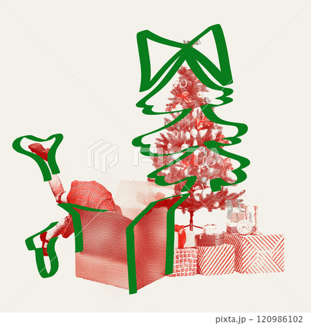 Creative illustration. Little gift diving into gift box under decorated Christmas tree, with decorative green hand drawn outlines. 120986102
