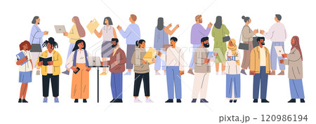 Diverse group collaboration business meeting concept. People engaged in discussions holding laptops and documents in casual attire on a white background 120986194