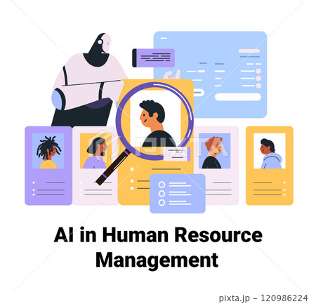 AI human resource management concept with robot analyzing candidate profiles magnifying glass diverse avatars digital interface colorful design website template 120986224