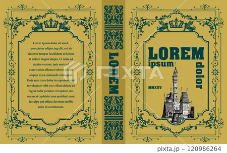 Ornate vintage book cover design with intricate borders, a majestic castle illustration, and elegant typography 120986264