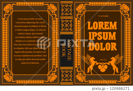 Vintage book cover design featuring floral ornaments and horses, evoking a sense of history and elegance 120986271