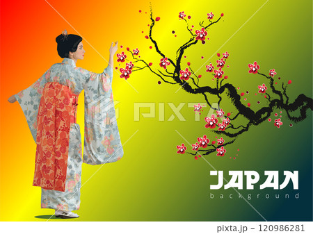 Geisha posing next to a flowering cherry tree in japan Geisha posing next to a flowering cherry tree in japan 120986281