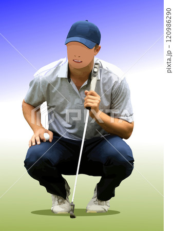 Golfer planning his next shot on the green 120986290
