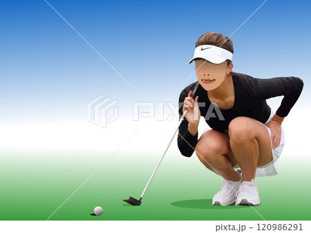 Professional female golfer planning her next shot on the green 120986291