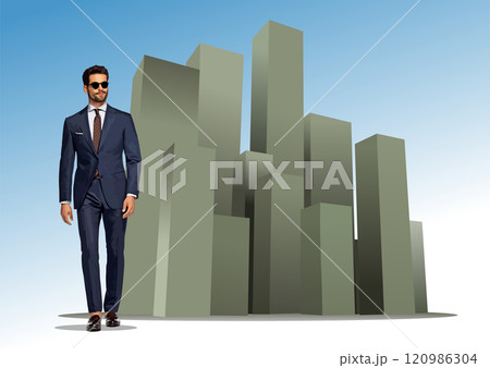 Businessman walking towards an abstract cityscape on a sunny day Businessman walking towards an abstract cityscape on a sunny day 120986304