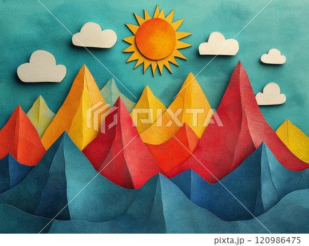 Colorful abstract landscape art featuring vibrant geometric mountains and sun. artwork showcases playful combination of colors and shapes, evoking sense of joy and creativity 120986475