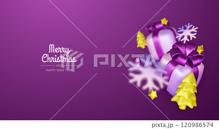 Happy New Year and Merry Christmas. Christmas holiday background with realistic 3d objects, violet and white bauble balls, conical metal stars, gift. Levitation falling design composition. 120986574