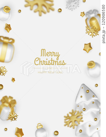 Happy New Year and Merry Christmas. Christmas holiday background with realistic 3d objects, gold and white bauble balls, conical metal stars, gift. Levitation falling design composition. Happy New Year and Merry Christmas. Christmas holiday background with realistic 3d objects, gold and white bauble balls, conical metal stars, gift. Levitation falling design composition. 120986580