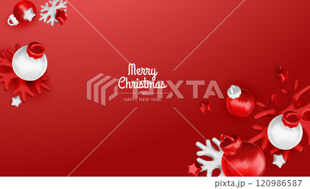 Christmas winter festive composition. Colorful Xmas background realistic 3d decorative design objects, christmas tree, gift boxes, xmas ball, confetti. Happy New Year. Vector illustration Christmas winter festive composition. Colorful Xmas background realistic 3d decorative design objects, christmas tree, gift boxes, xmas ball, confetti. Happy New Year. Vector illustration 120986587