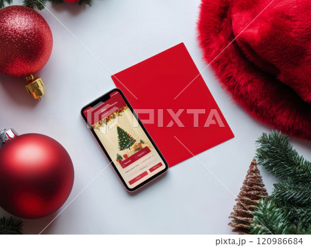 vibrant red gift card next to smartphone displaying festive coupon app, surrounded by Christmas ornaments and Santa hat, creating joyful holiday atmosphere 120986684