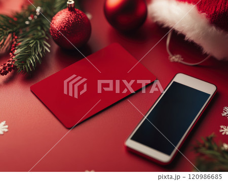 vibrant red gift card and smartphone on festive red background, surrounded by Christmas ornaments and Santa hat, creating cheerful holiday atmosphere 120986685
