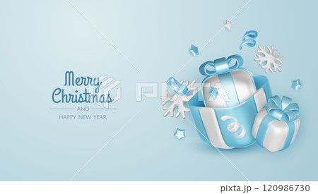Christmas winter festive composition. Colorful Xmas background realistic 3d decorative design objects, christmas tree, gift boxes, xmas ball, confetti. Happy New Year. Vector illustration Christmas winter festive composition. Colorful Xmas background realistic 3d decorative design objects, christmas tree, gift boxes, xmas ball, confetti. Happy New Year. Vector illustration 120986730