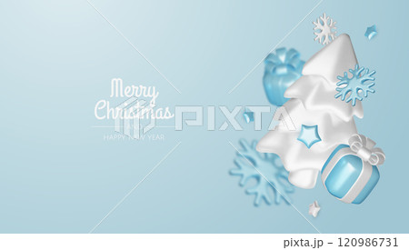 Christmas winter festive composition. Colorful Xmas background realistic 3d decorative design objects, christmas tree, gift boxes, xmas ball, confetti. Happy New Year. Vector illustration 120986731