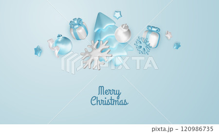 Happy New Year and Merry Christmas. Christmas holiday background with realistic 3d objects, blue and white bauble balls, conical metal stars, gift. Levitation falling design composition. Happy New Year and Merry Christmas. Christmas holiday background with realistic 3d objects, blue and white bauble balls, conical metal stars, gift. Levitation falling design composition. 120986735