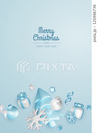 Christmas winter festive composition. Colorful Xmas background realistic 3d decorative design objects, christmas tree, gift boxes, xmas ball, confetti. Happy New Year. Vector illustration Christmas winter festive composition. Colorful Xmas background realistic 3d decorative design objects, christmas tree, gift boxes, xmas ball, confetti. Happy New Year. Vector illustration 120986736