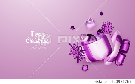 Happy New Year and Merry Christmas. Christmas holiday background with realistic 3d objects, violet and white bauble balls, conical metal stars, gift. Levitation falling design composition. Happy New Year and Merry Christmas. Christmas holiday background with realistic 3d objects, violet and white bauble balls, conical metal stars, gift. Levitation falling design composition. 120986763