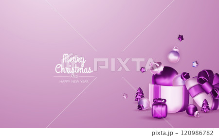 Happy New Year and Merry Christmas. Christmas holiday background with realistic 3d objects, bauble balls, conical metal stars. Levitation falling design composition. Happy New Year and Merry Christmas. Christmas holiday background with realistic 3d objects, bauble balls, conical metal stars. Levitation falling design composition. 120986782