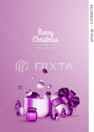 Christmas winter festive composition. Colorful Xmas background realistic 3d decorative design objects, christmas tree, gift boxes, xmas ball, gold confetti. Happy New Year. Vector illustration Christmas winter festive composition. Colorful Xmas background realistic 3d decorative design objects, christmas tree, gift boxes, xmas ball, gold confetti. Happy New Year. Vector illustration 120986794