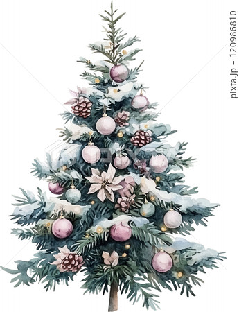 beautifully decorated Christmas tree adorned with pink ornaments, pinecones, and snow. festive atmosphere evokes warmth and joy during holiday season 120986810