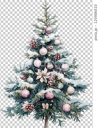 beautifully decorated Christmas tree adorned with pink ornaments, pinecones, and snow. festive atmosphere evokes warmth and joy during holiday season 120986810